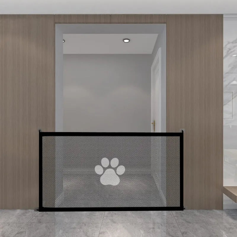 Portable folding dog barrier with pet doorsill showing dog footprint graphics