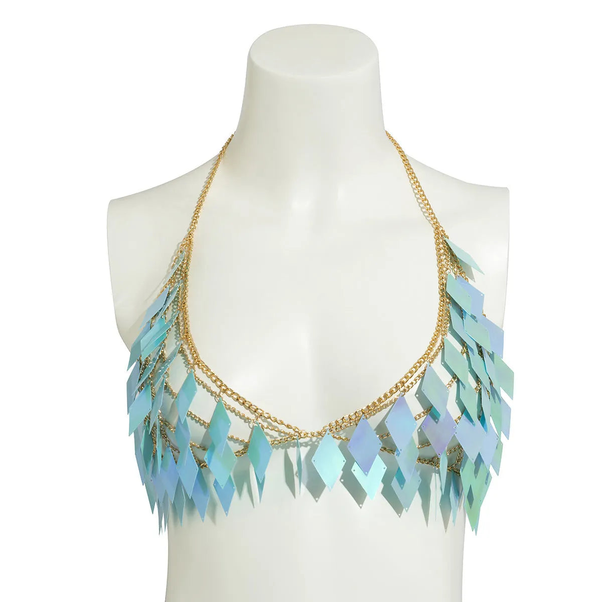 Women's geometric plastic body chain with electroplated finish in orange and blue colour options for beach casual wear