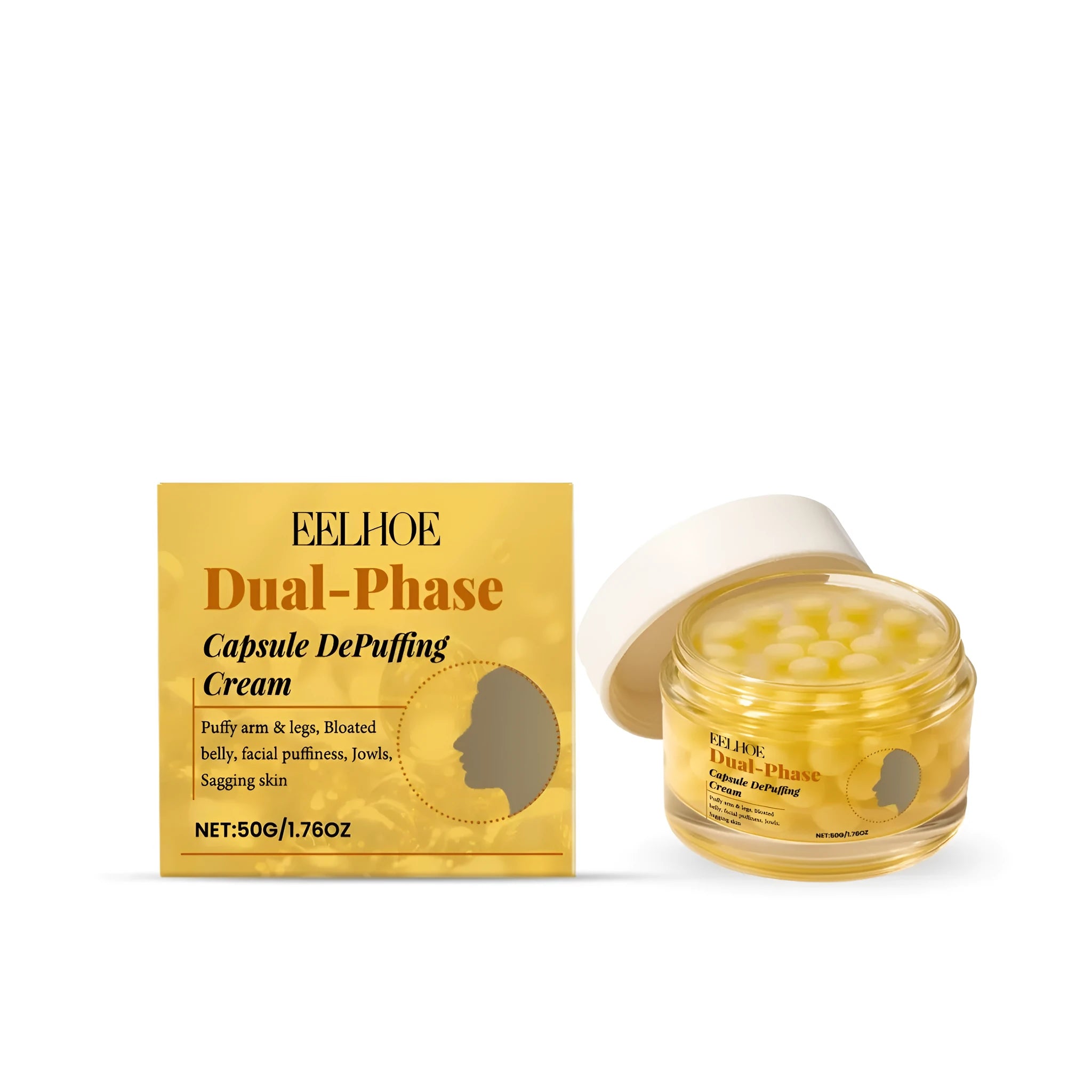Dual-phase capsule depuffing cream 50g jar with cream and yellow beads containing aesculus and hyaluronic acid