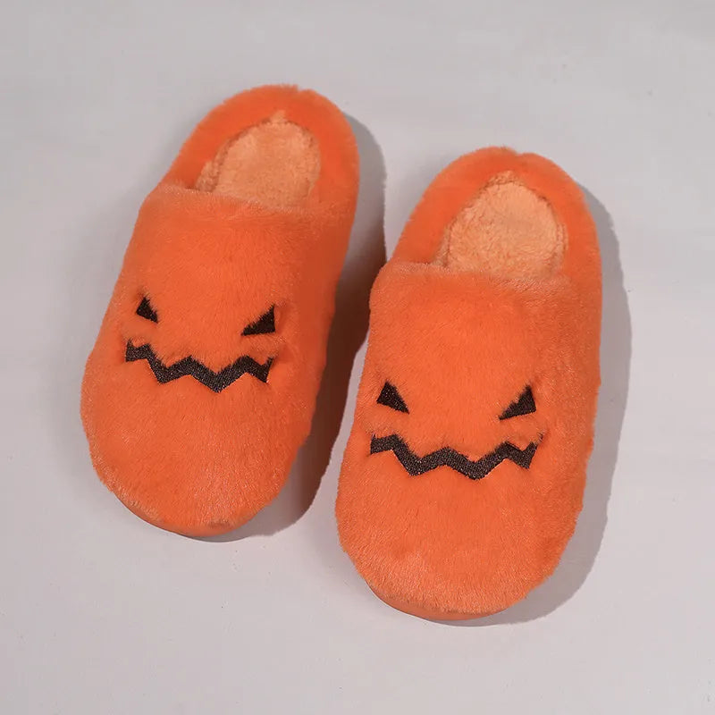 Orange plush-lined indoor slippers with non-slip PVC soles and coral velvet upper