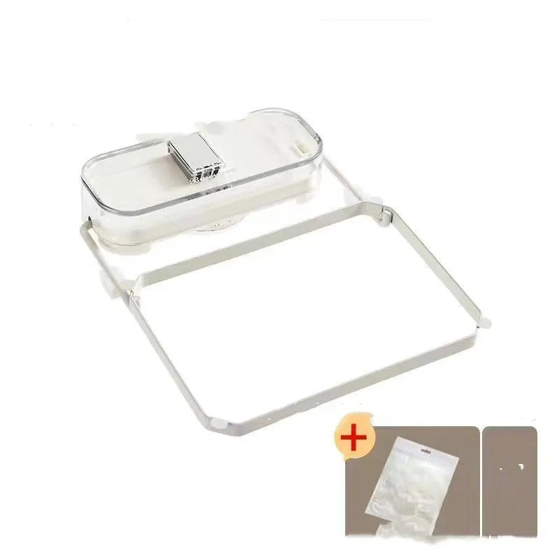 Kitchen sink filter rack with suction cups, fine mesh screen, and disposable filters in dark green gold on a sink drain