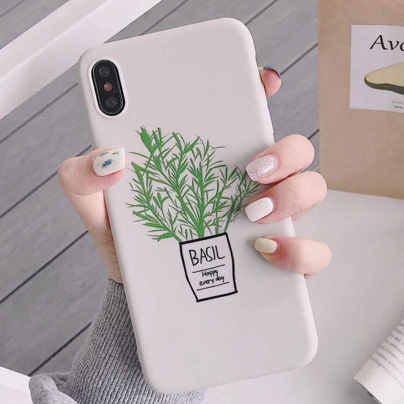 White silicone phone case back cover with painted plant pattern for iPhone