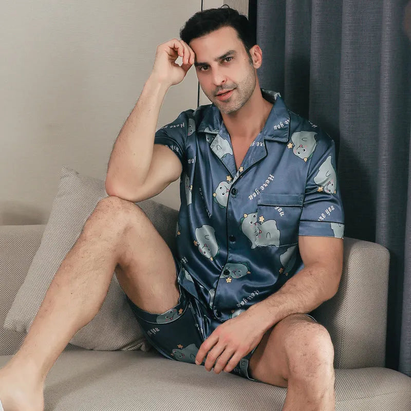 Ice silk short sleeve pajama set for men in cardigan style, beige, on a plain background