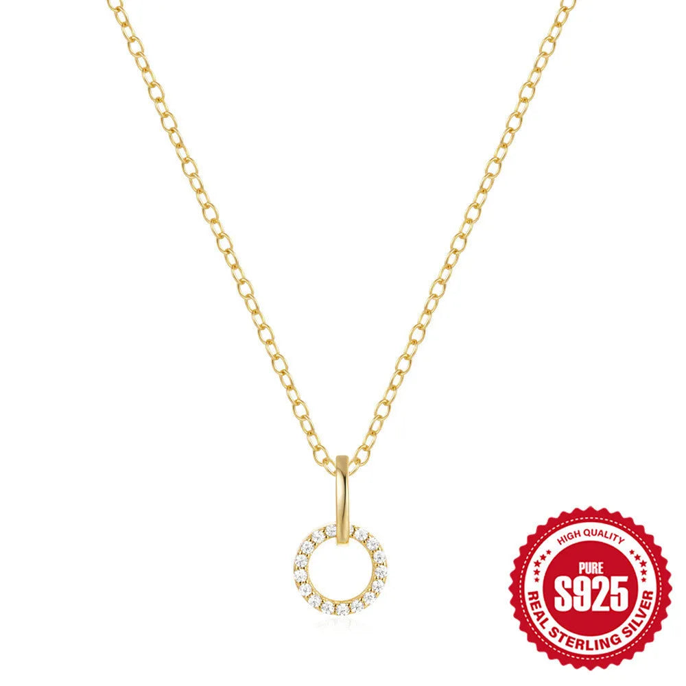 Gold tone S925 sterling silver adjustable clavicle chain necklace with a geometric interlocking zircon pendant.