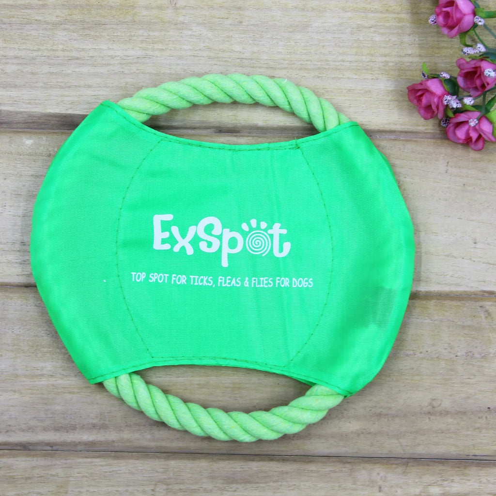Canvas and rope dog flying disc toy 19cm diameter on grass for outdoor fetch