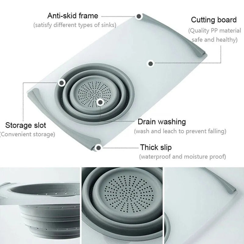Gray PP+TPR multi-functional 3 in 1 chopping board with detachable folding drain basket and thickened cutting surface