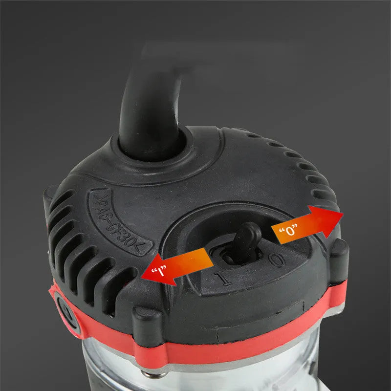 Electric wood polishing trimmer 800W with aluminium casing, 2cm processing depth, on workbench