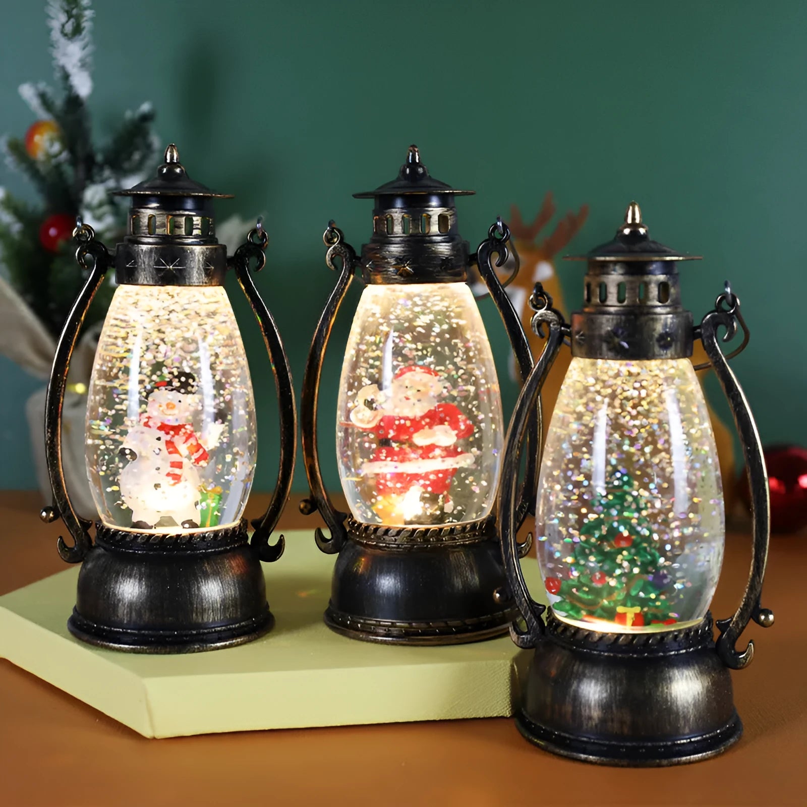 Portable oil lamp Christmas ornament with light-emitting crystal ball and snowman design