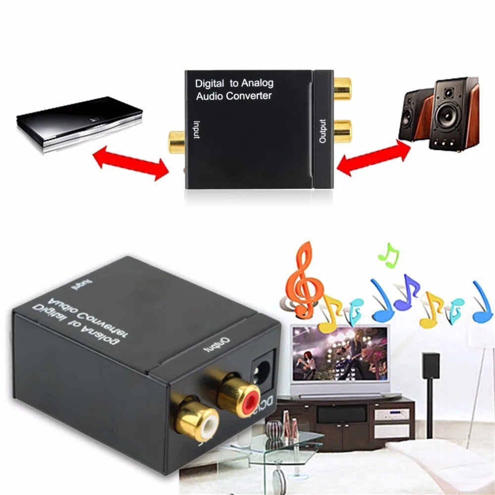 Black digital to analog audio converter with Toslink and coaxial inputs and RCA outputs