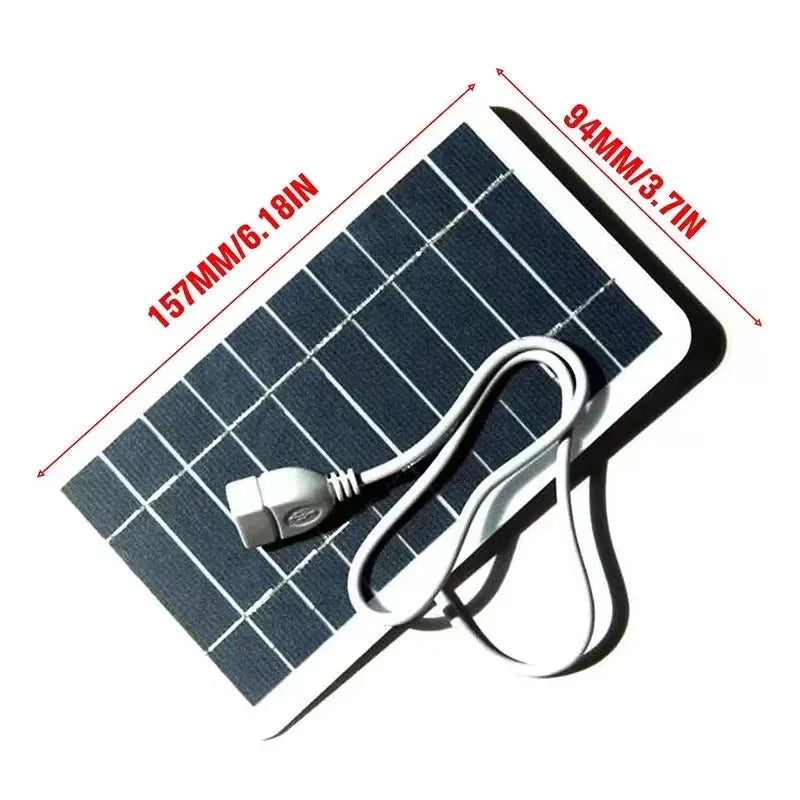 2W 5V portable solar panel charger with USB output, 157x94mm size, polycrystalline silicon and EVA lamination