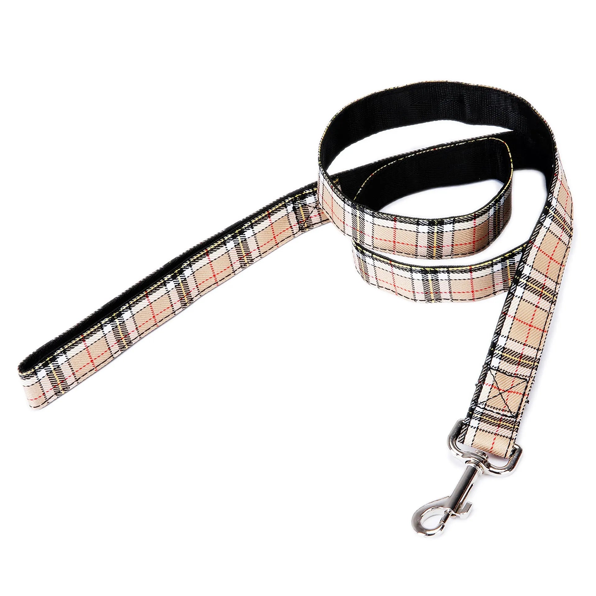 Black imitation nylon pet traction rope with plaid stripe, 120cm length, on white background