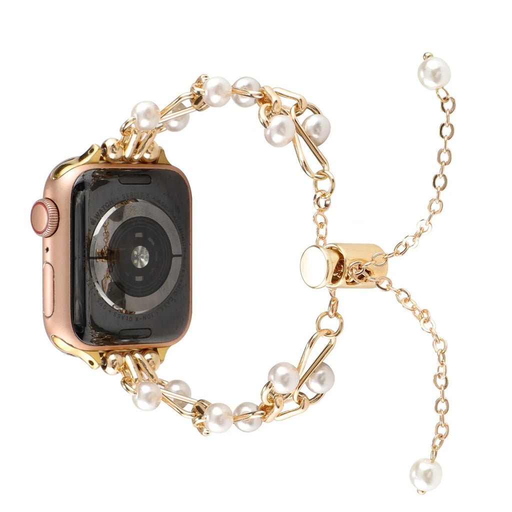 Pearl love necklace smart watch strap for Apple in simple metal style with decorative pearl accents