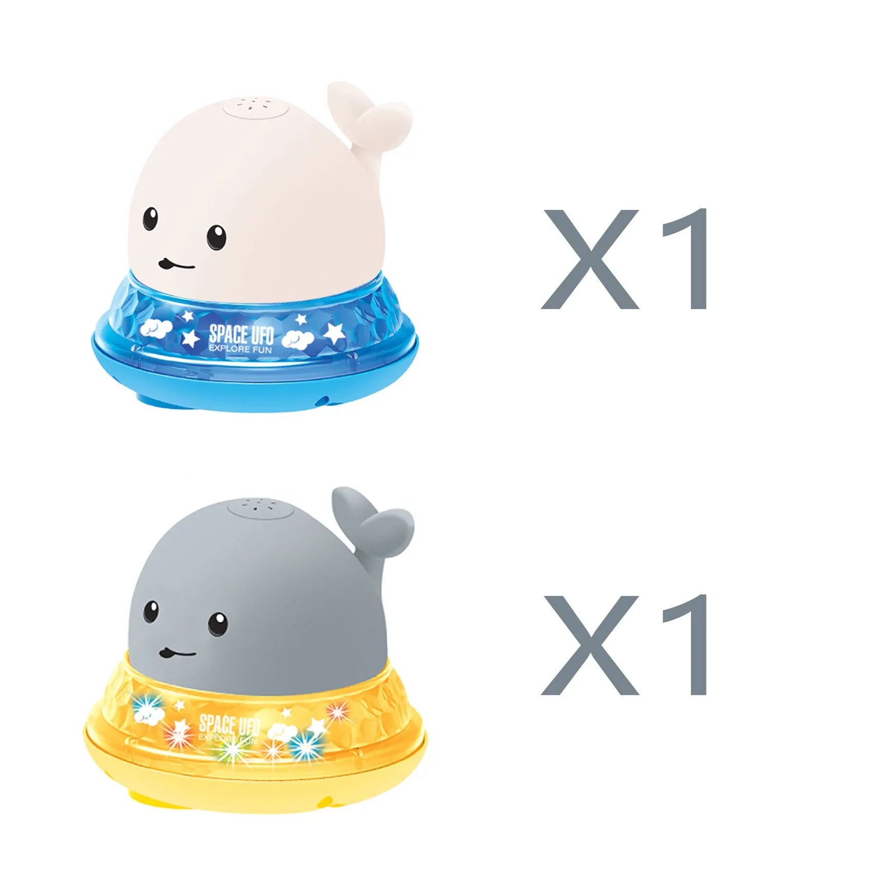 White and blue electric whale bath toy spraying water with lights on a base.