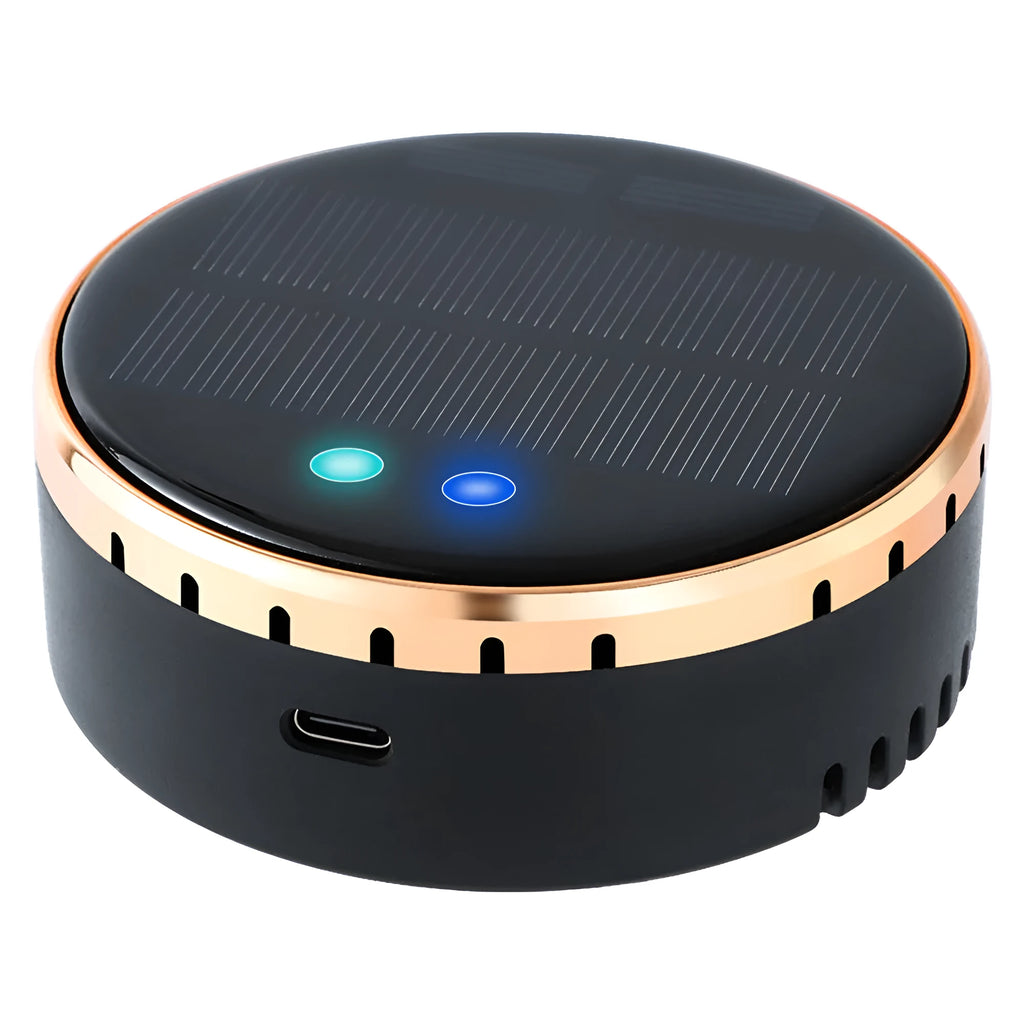 Black solar-powered car air humidifier mounted on a car air vent