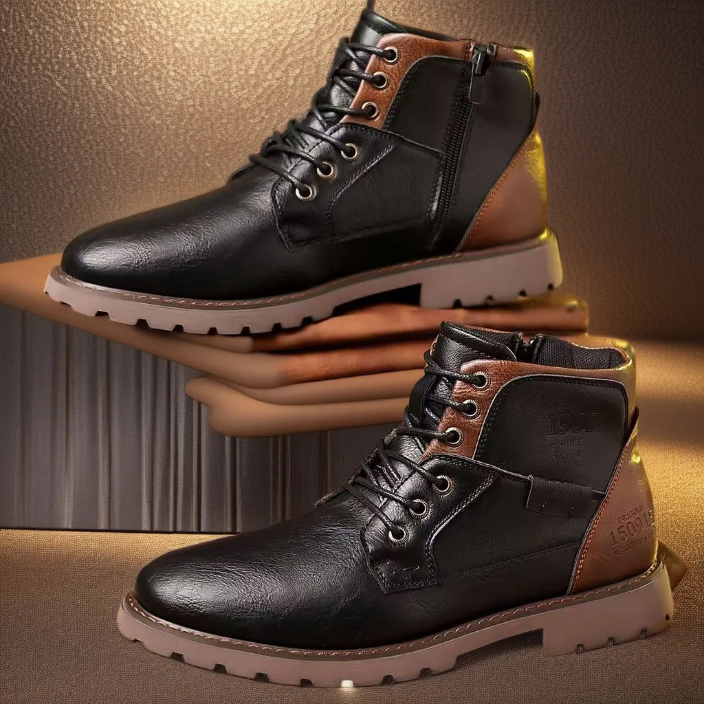 Men's Martin ankle boots in black with side zip, round toe, artificial PU upper, and rubber sole