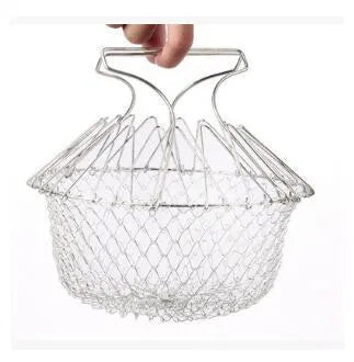 Stainless steel foldable deep fry basket 23cm with grid and handle for home kitchen use