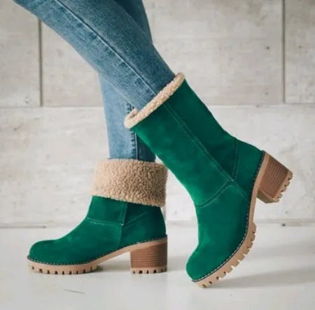 Women's mid-tube suede snow boots with thick construction and flat heel in multiple colour options
