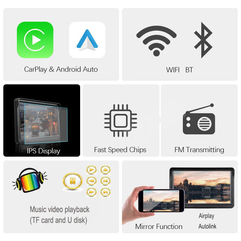 7 inch car smart screen with wireless Carplay and Android Auto on retractable bracket in vehicle