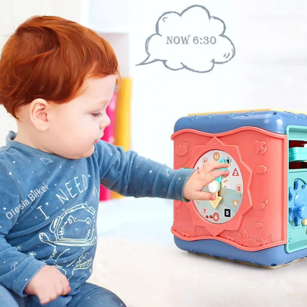 Six-sided educational cube toy with multiple activity panels including bead maze and shape puzzles
