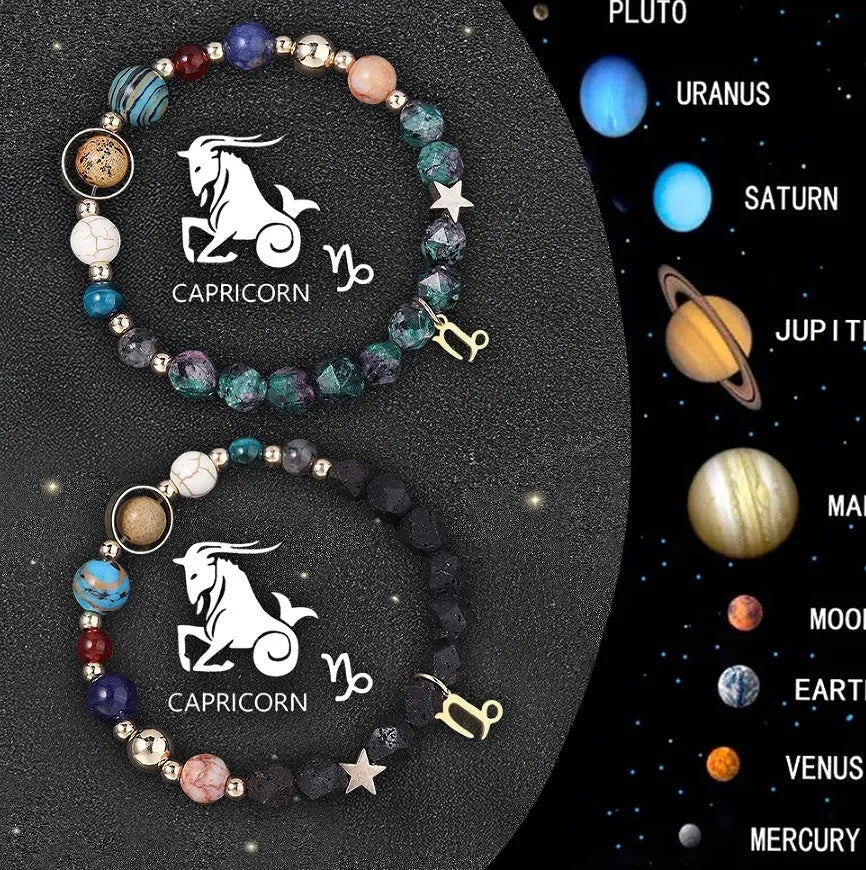 Natural stone beaded bracelet set showing twelve zodiac sign designs with adjustable closures
