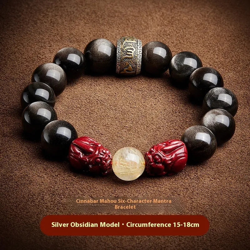 Natural retro hand-beaded cinnabar bracelet with silver stone beads featuring carved animal zodiac motifs