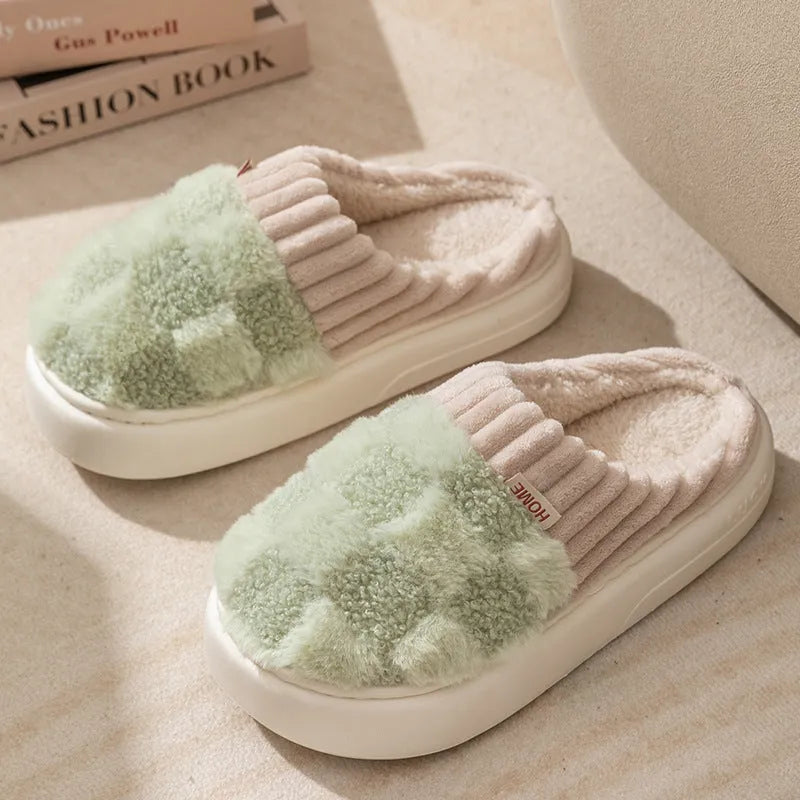 Women's plaid patterned plush slippers with non-slip sole in multiple colour options