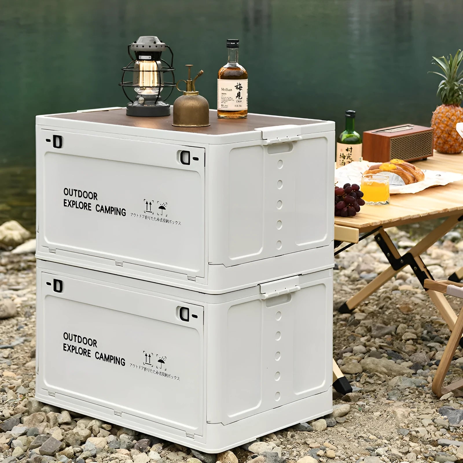 Large white foldable plastic storage box with 45L capacity for household organisation.
