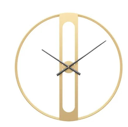 Round metal wall clock with 50 cm diameter in black or gold finish on a plain wall