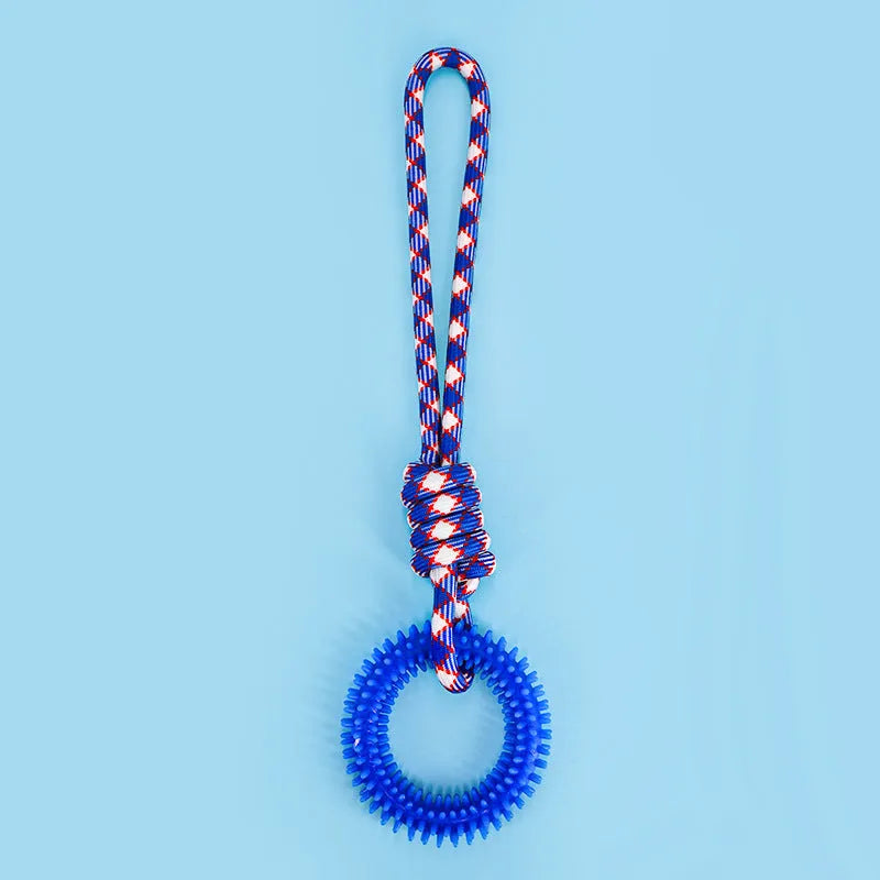 Blue bite resistant rope dog toy with interlocking knot design for teething puppies