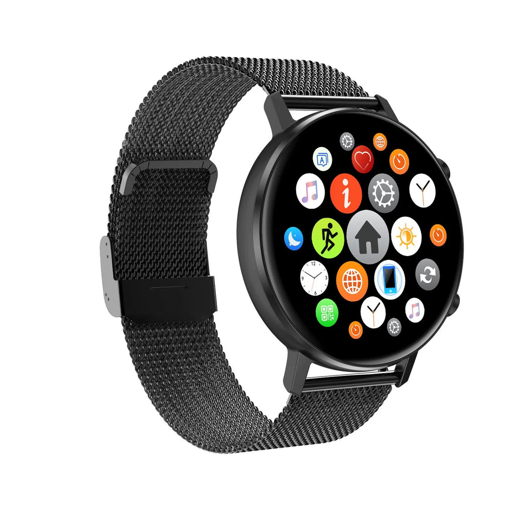 DT96 smart bracelet with silver stainless steel strap and 1.3-inch colour touchscreen display.