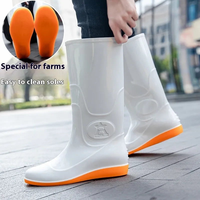 Flat washable PVC rain boots for men in white, with high tube and round toe - labour protection footwear
