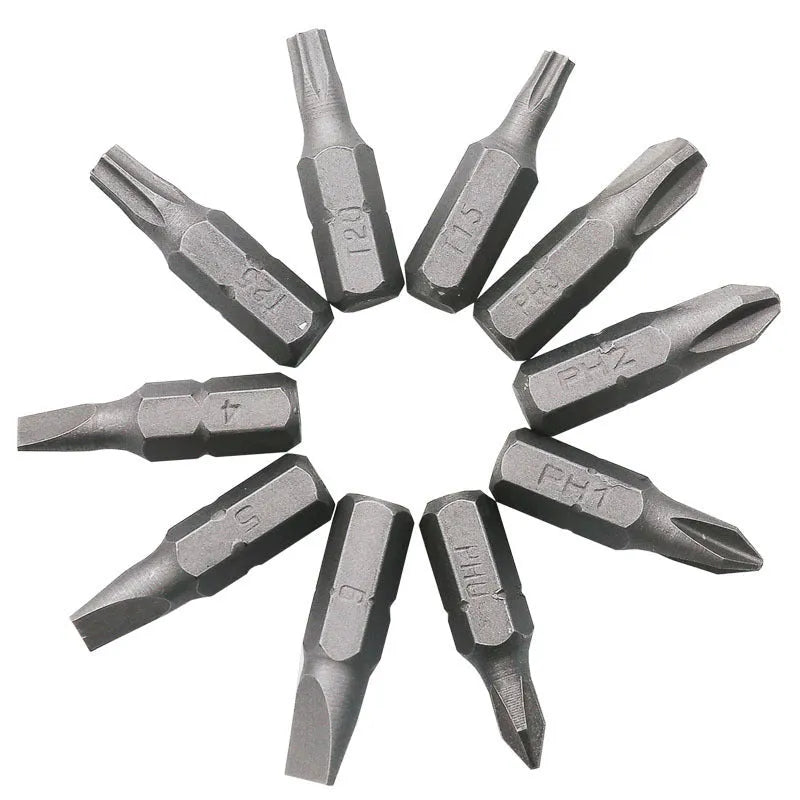 45# steel L-type double-headed socket wrench with ten screwdriver bits laid out on a workbench.