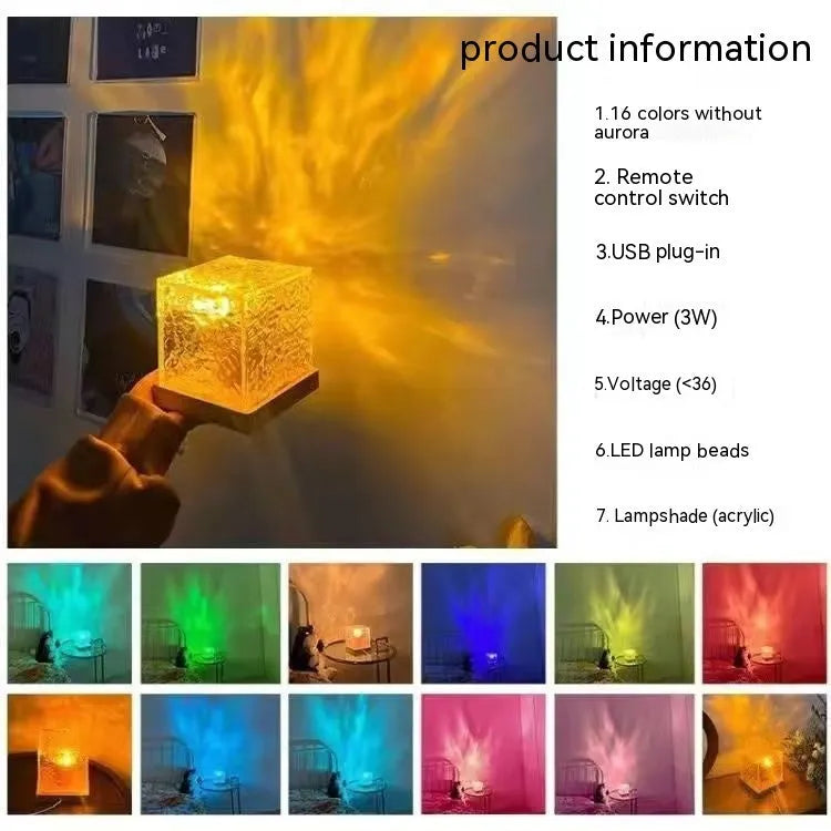 16-color LED water ripple night light with USB cable and remote control, crystal table lamp showing rotating projection on wall