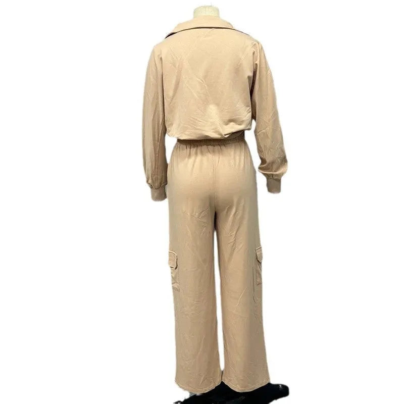 Women in light camel lapel short top and high-waist wide leg trousers two-piece set with long sleeves