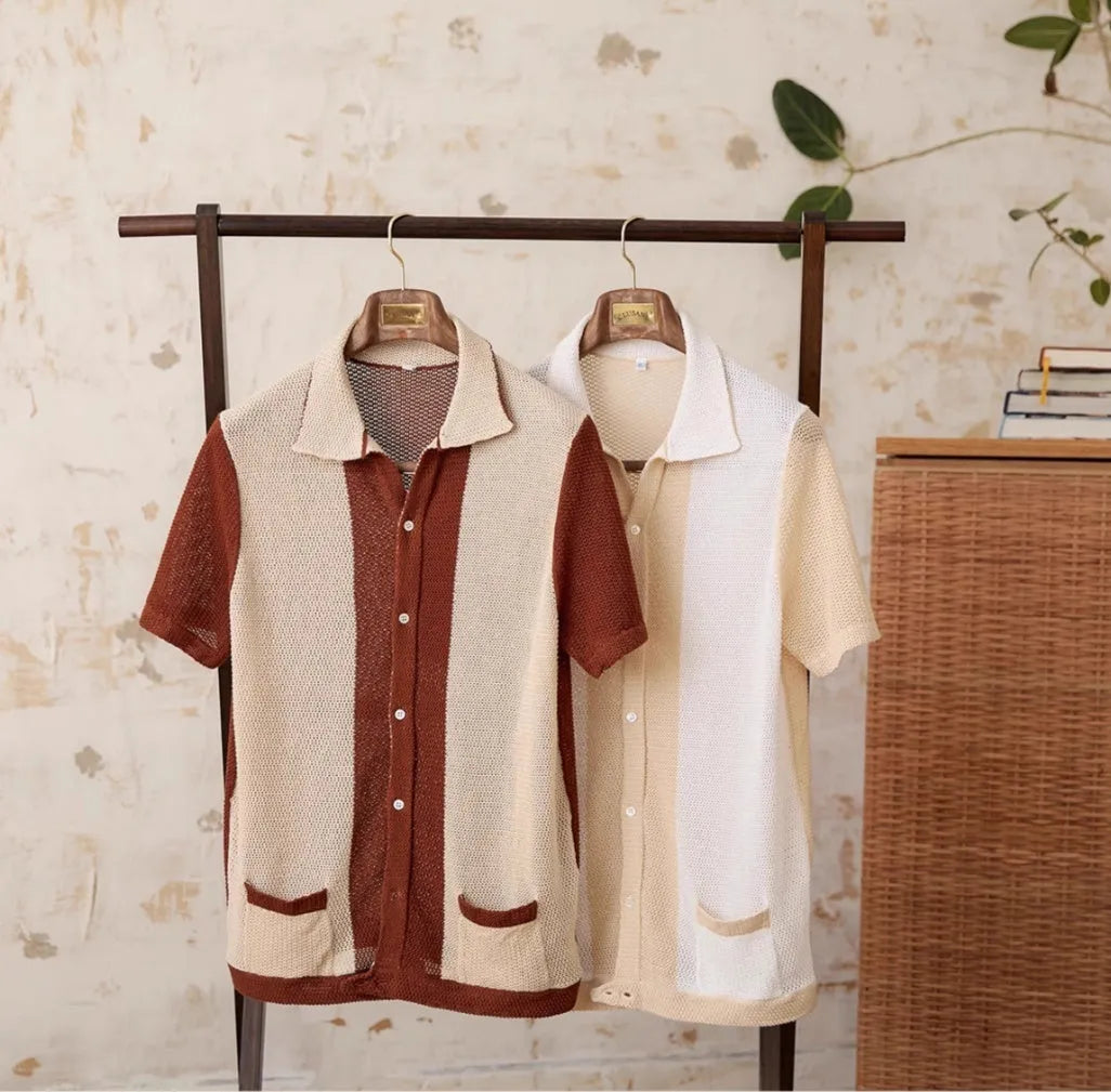 Hollow cotton and linen lapel short-sleeved cardigan knitted top in beige and chocolate colours
