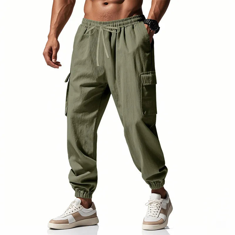 Men's loose fit linen casual trousers with ankle-tied tether and multiple pockets in an earthy colour.