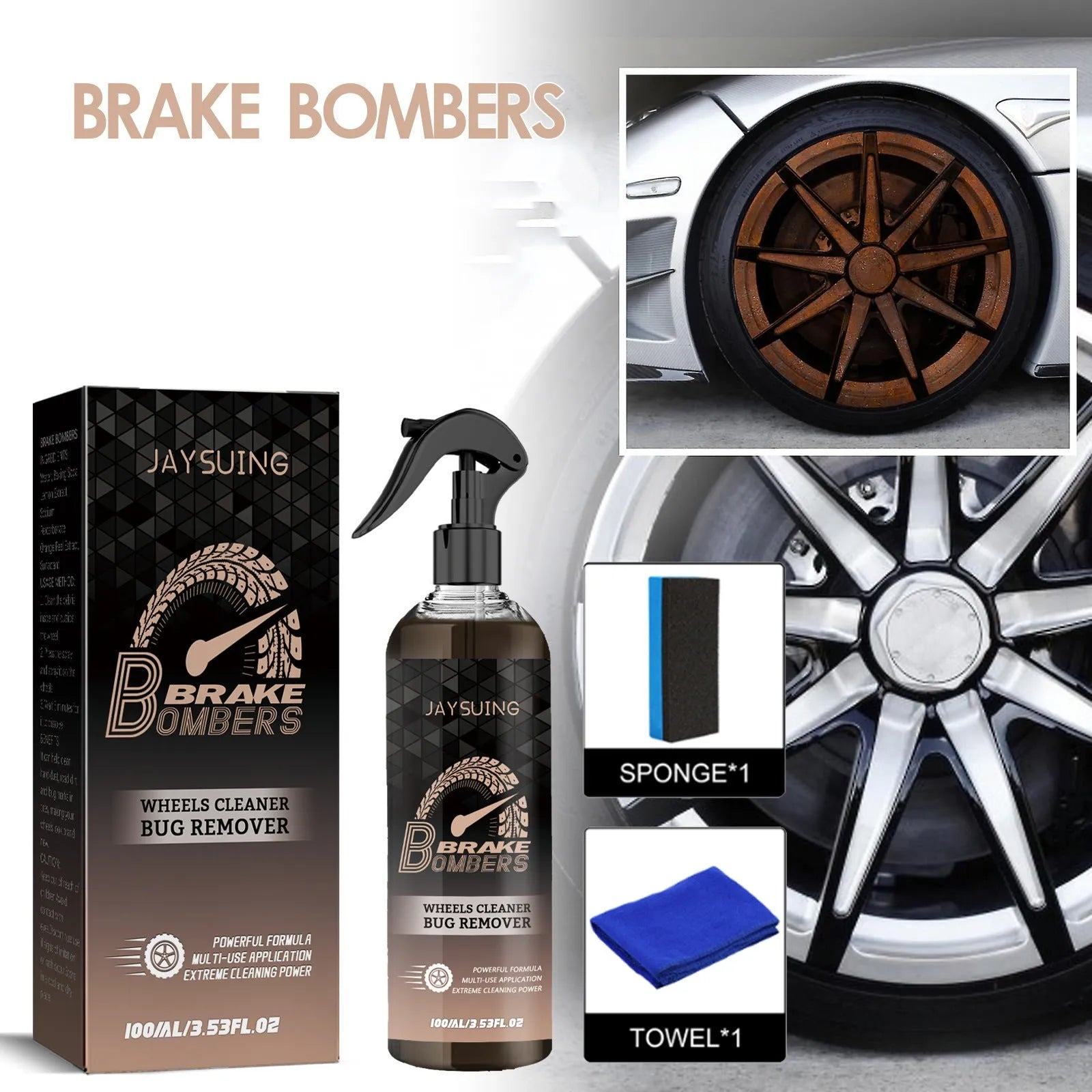 Car brake disc cleanser kit with 100ml detergent, sponge, and cloth for rust removal and polishing