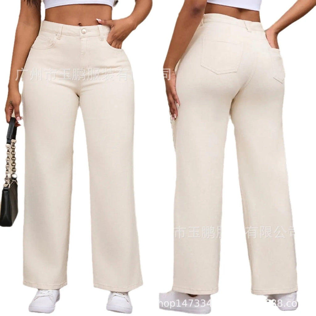 Women's high waist straight leg wide jeans in apricot colour on a hanger.