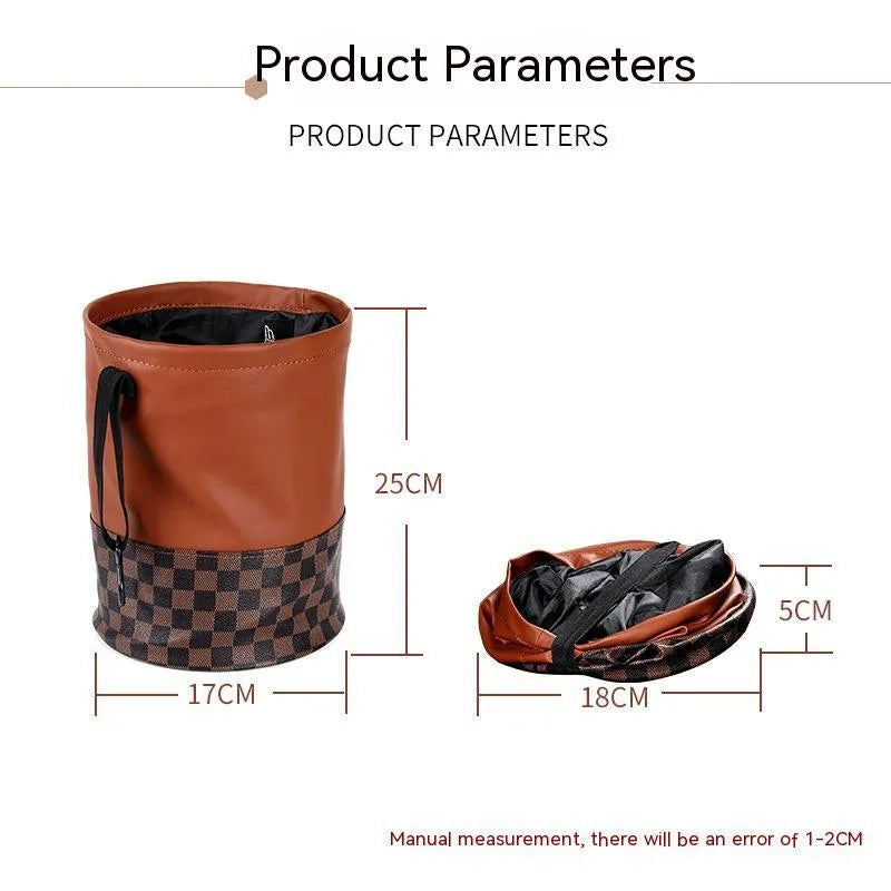 Retractable leather interior car trash can shown in colour from product pictures