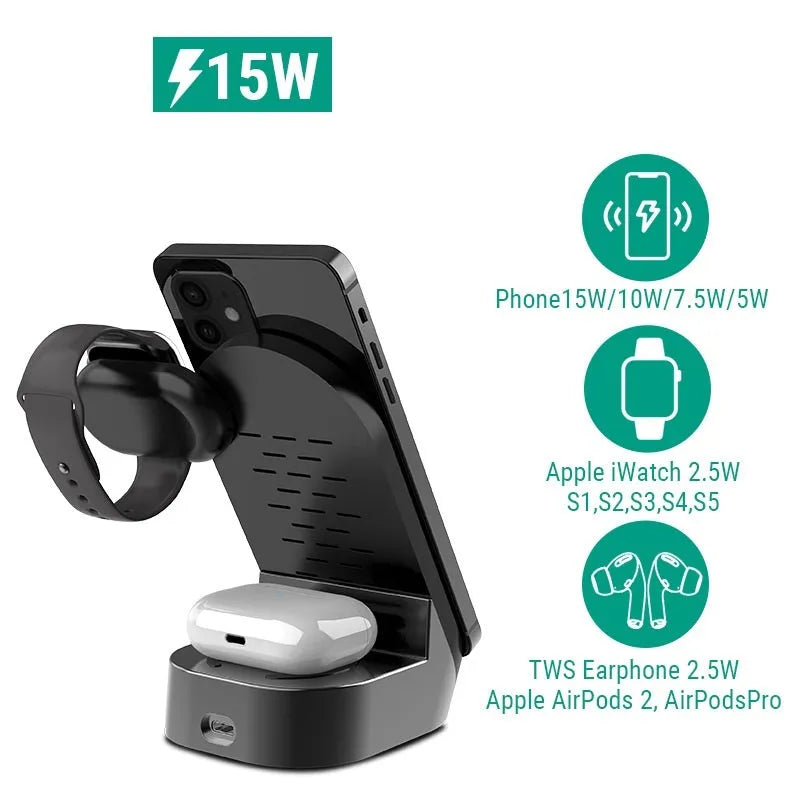 Black foldable 3-in-1 wireless charger stand vertical view showing phone watch and earbud charging spots