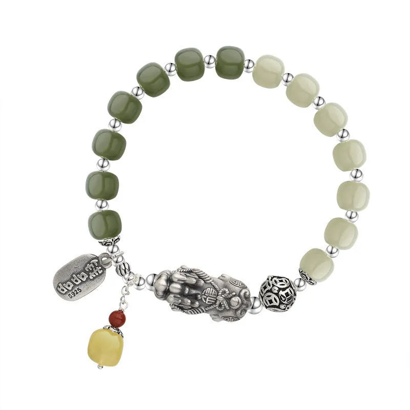 Retro women's pure silver coin bracelet with natural Hetian jade pendant, 8x7mm, handcrafted