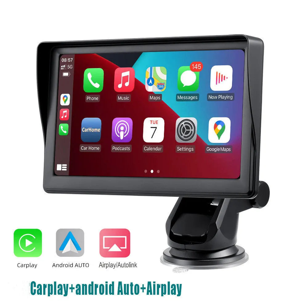 7 inch car smart screen with wireless Carplay and Android Auto on retractable bracket in vehicle