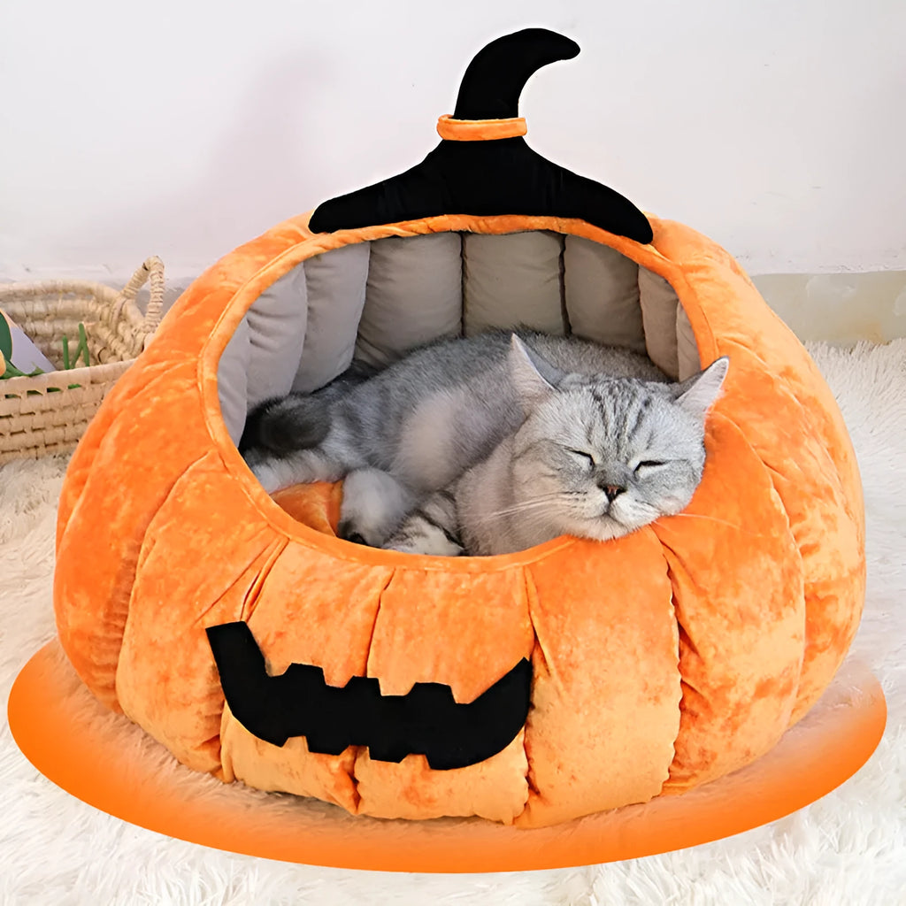 Soft fleece-lined pet bed in orange pumpkin shape for cats and small dogs