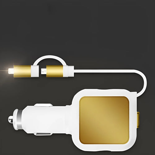 2 in 1 Dual USB car charger with retractable cable for mobile phones, Black/Silver