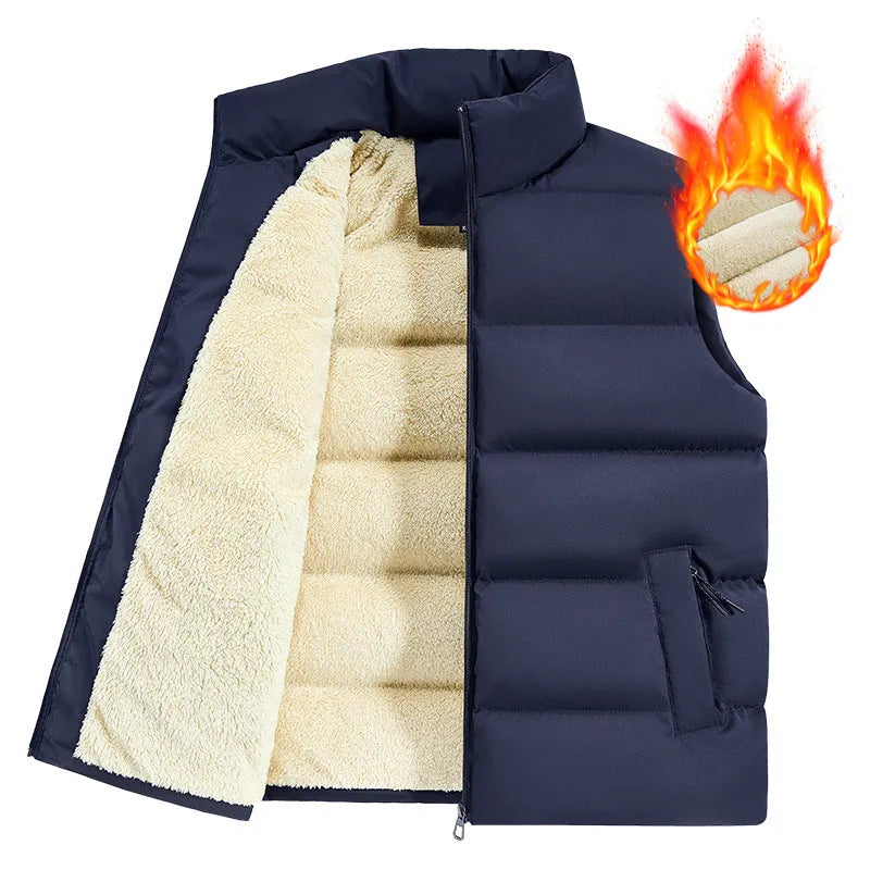 Man wearing a black and white stripe lambswool vest, a casual winter waistcoat.