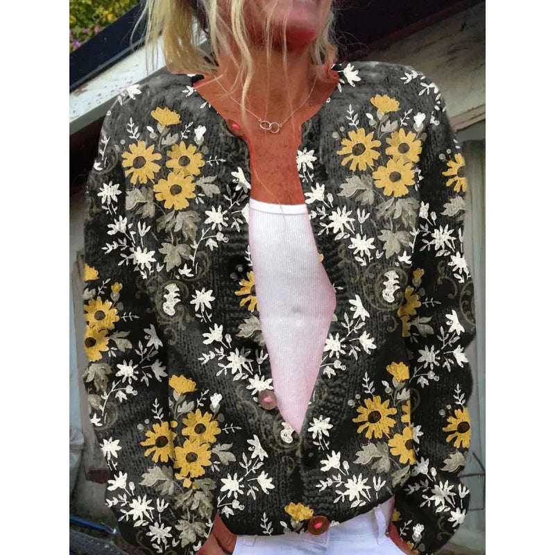Digital printing cardigan knitted coat with 3D yellow pattern, regular sleeves, polyester fabric, side view