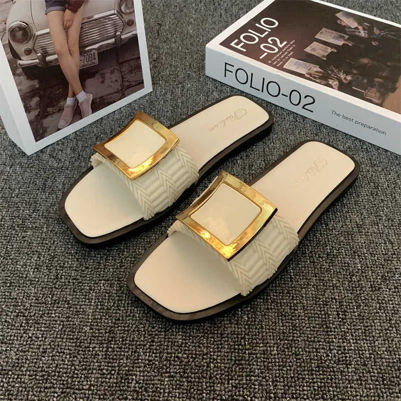 Women's flat summer slippers in apricot colour with slip-on design and textured PVC sole