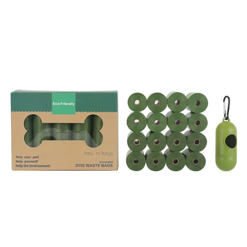 Rolls of green and black EPI degradable thickening pet waste bags with a portable dispenser