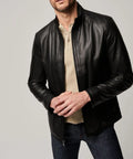 Men's retro black polyester fibre leather-style jacket, regular fit, long sleeves, straight hem, front view