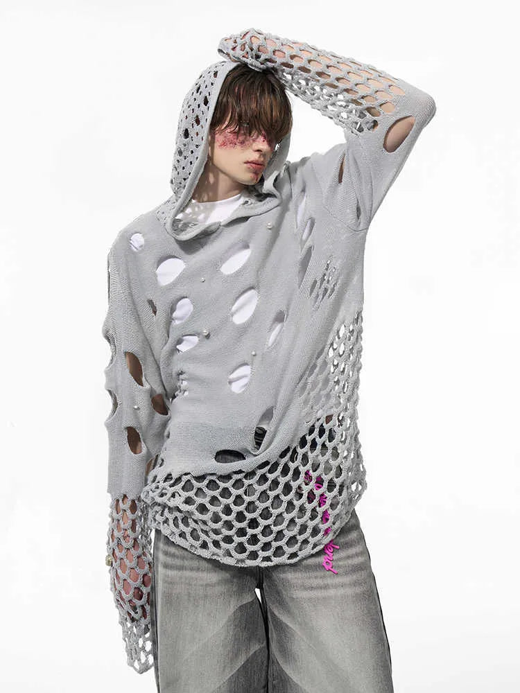 Black men's loose fit hoodie with pearl decorative trim on the hood, a pullover style for spring.